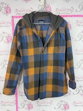 Kolby button up hooded Men's Blue & orange Plaid Hooded Shirt Jacket